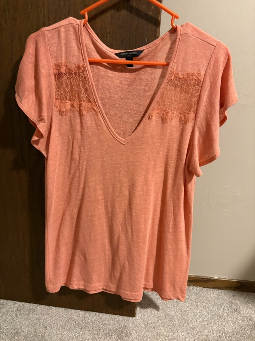 Banana Republic Coral Lace-Trim V-Neck Short Sleeve Top